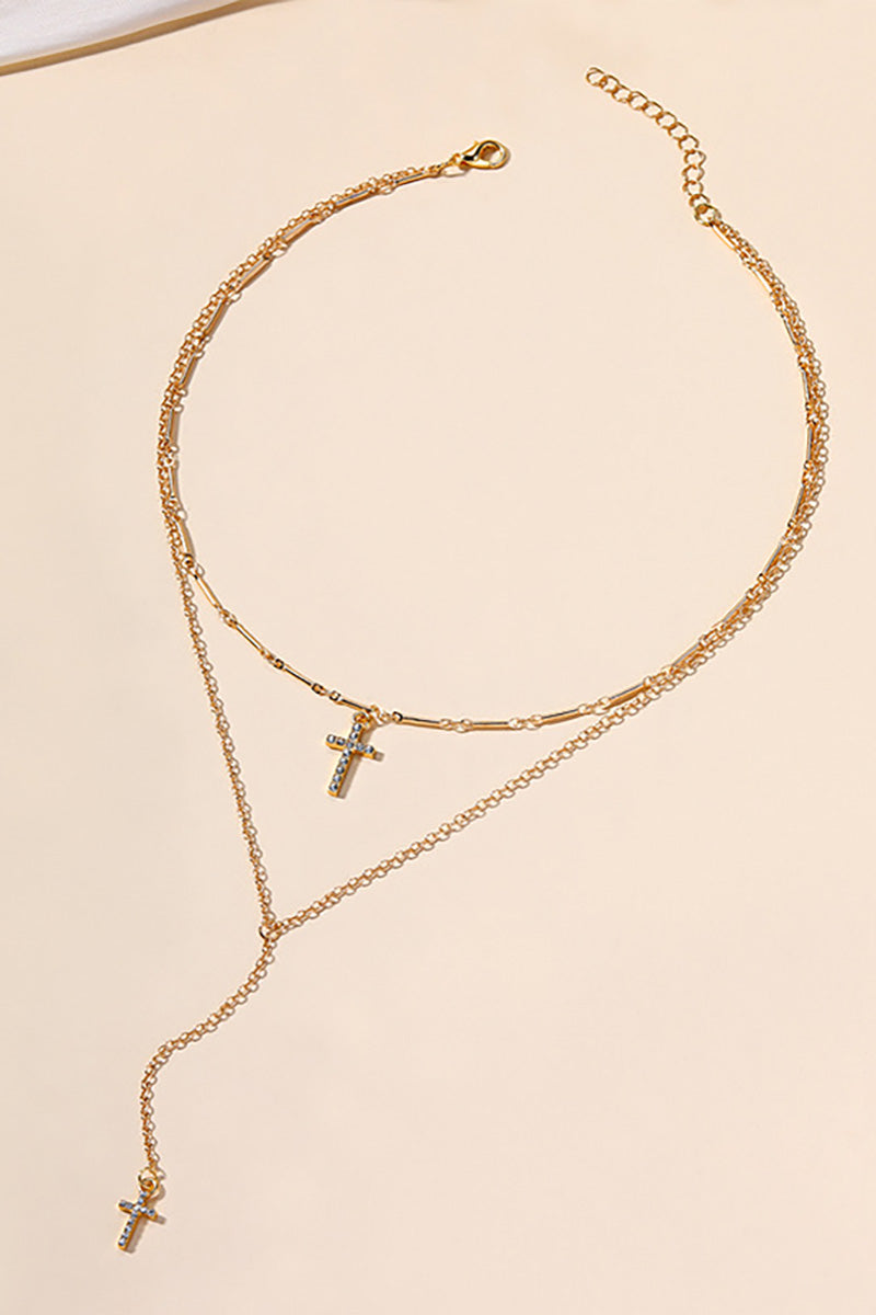 Rhinestone Cross Pendants Alloy Double - Layered Necklace - Gold