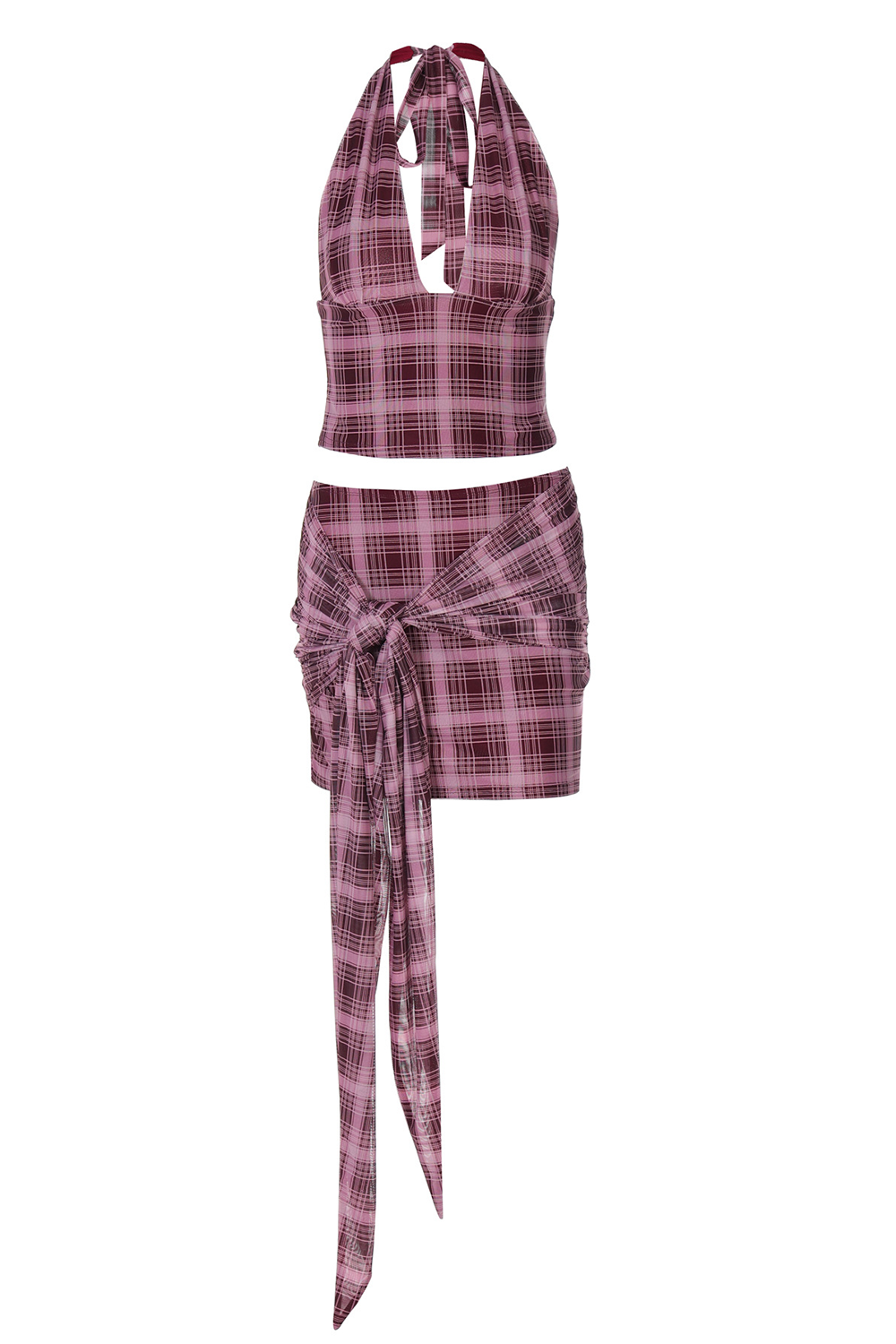 Plaid Print Plunge Neck Halter Crop Top Tie Up Sash Mini Skirt 2pcs Set - Purple