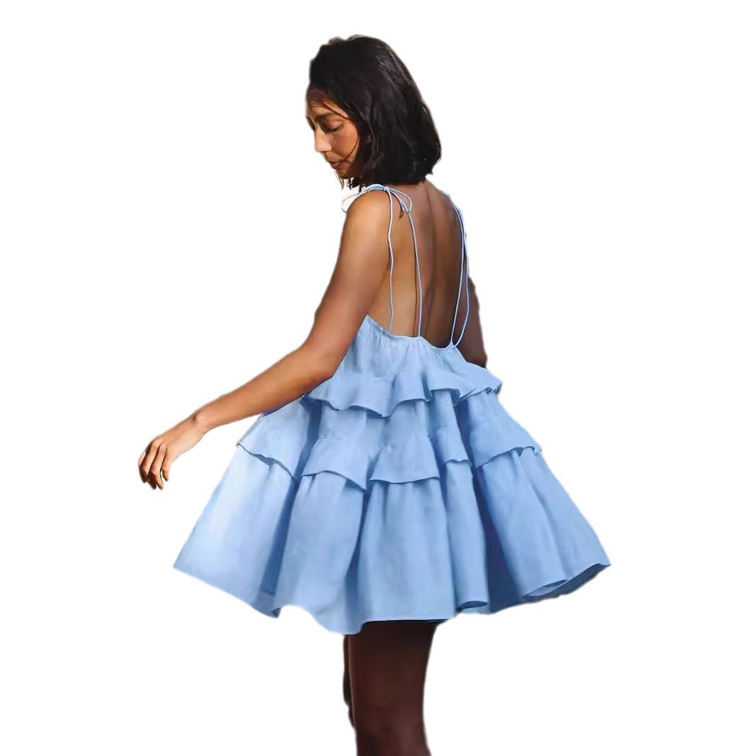 multi-layer ruffled cake skirt short backless camisole dress