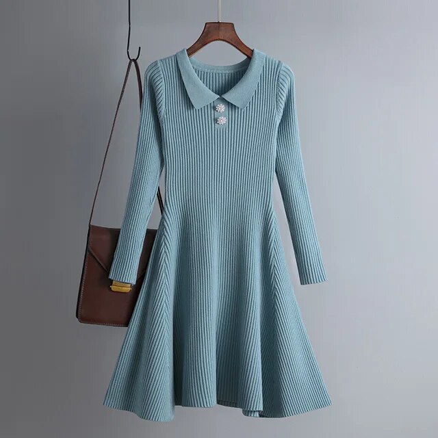 Long Sleeved High Waisted Short Knitted Dress Women Solid High Collar Sweater A-line Dresses Autumn Chic Female Street