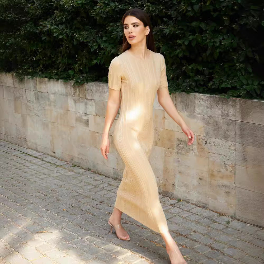 Rabbit velvet core spun yarn thin short sleeved knitting long dress casual waist Fried Dough Twists dress