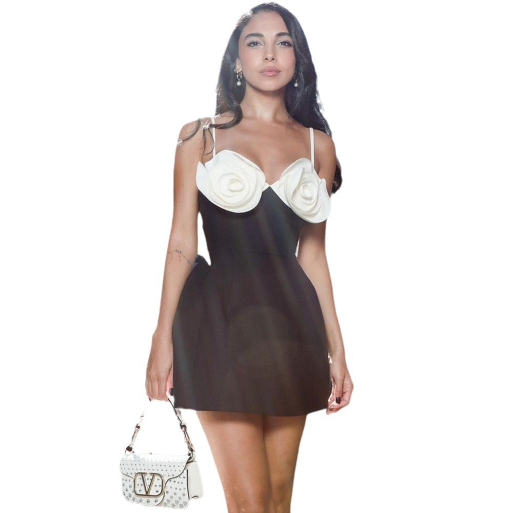 sexy white suspender flower A-line black party dress