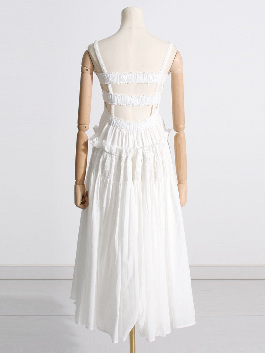 Party dress with pleated suspender and long solid color large hem dress
