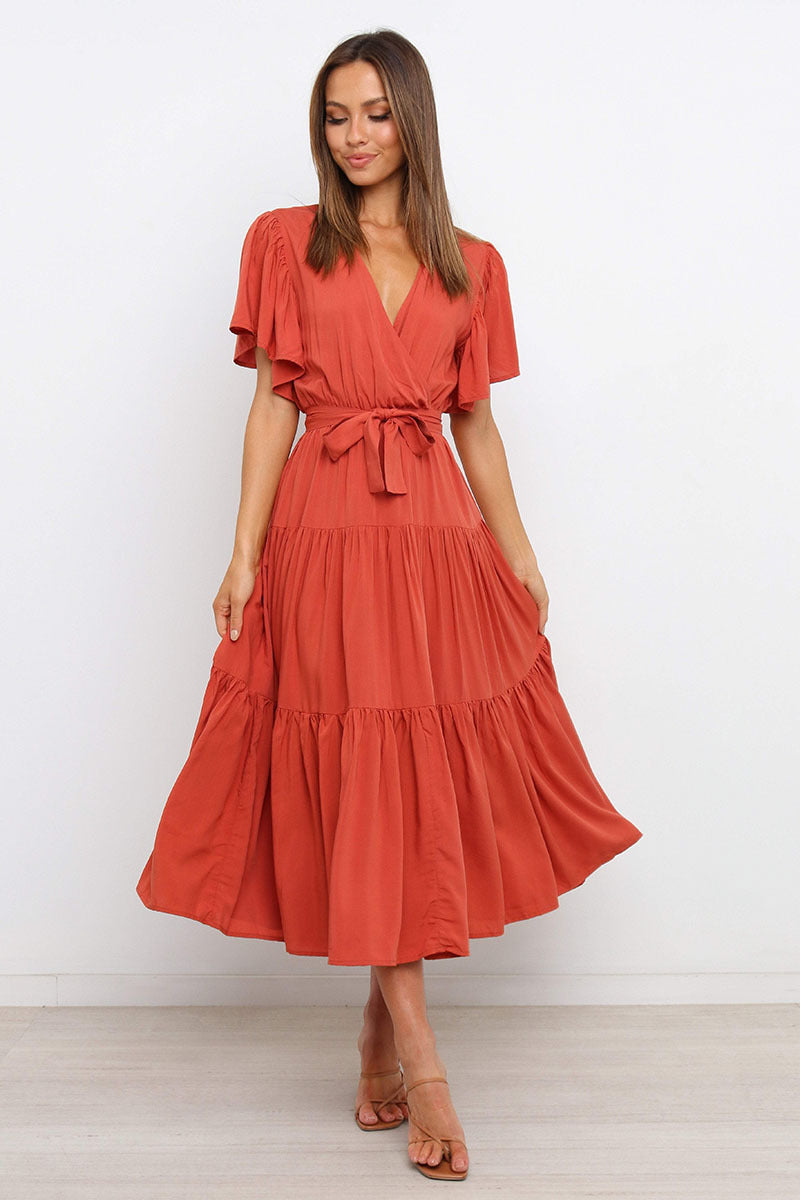 Solid Color Short-Sleeved Long Skirt Dress Dress V-Neck Lace-Up Dress