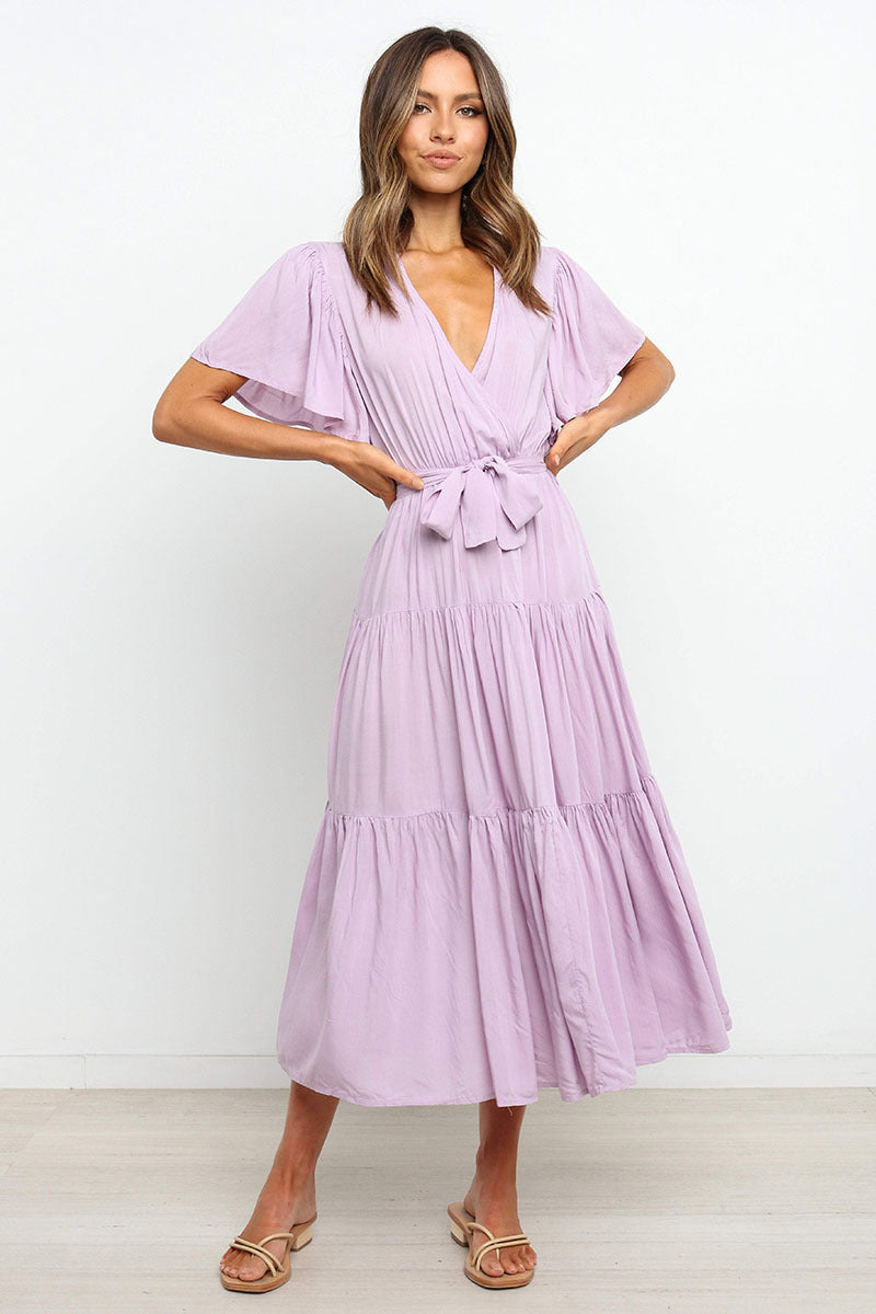Solid Color Short-Sleeved Long Skirt Dress Dress V-Neck Lace-Up Dress