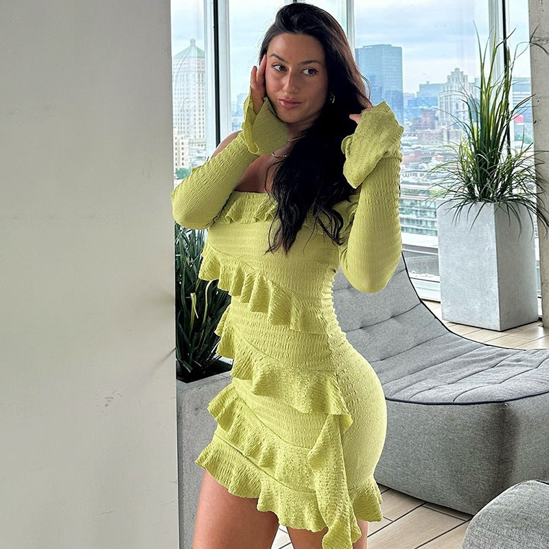 one shoulder lotus leaf edge flared sleeve ribbon dress