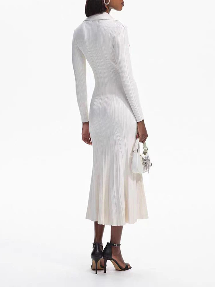 Ivory fishtail maxi dress delicate and elegant ribbed knit long sleeve stretch slim wrap Womens dresses spring new