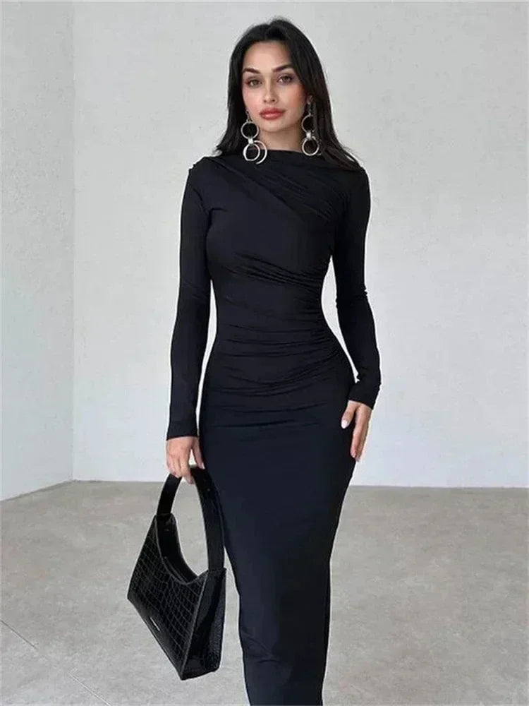 Tossy Pleated Autumn Dress Patchwork Elegant Women Long Sleeve Solid Vestidos Slim High Waist Bodycon Maxi Dress