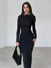 Tossy Pleated Autumn Dress Patchwork Elegant Women Long Sleeve Solid Vestidos Slim High Waist Bodycon Maxi Dress