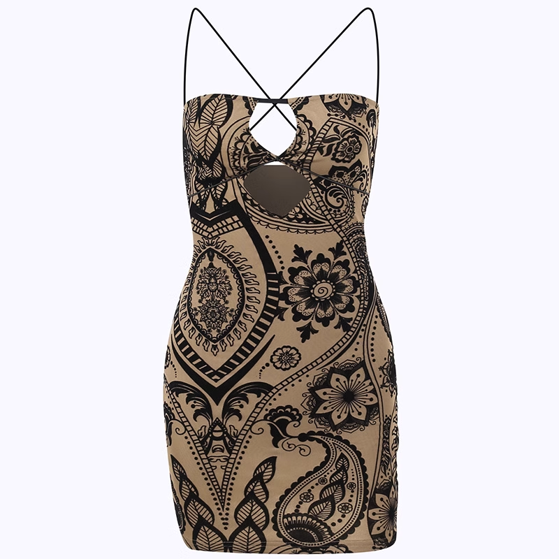 Women's summer printed hollow suspender dress