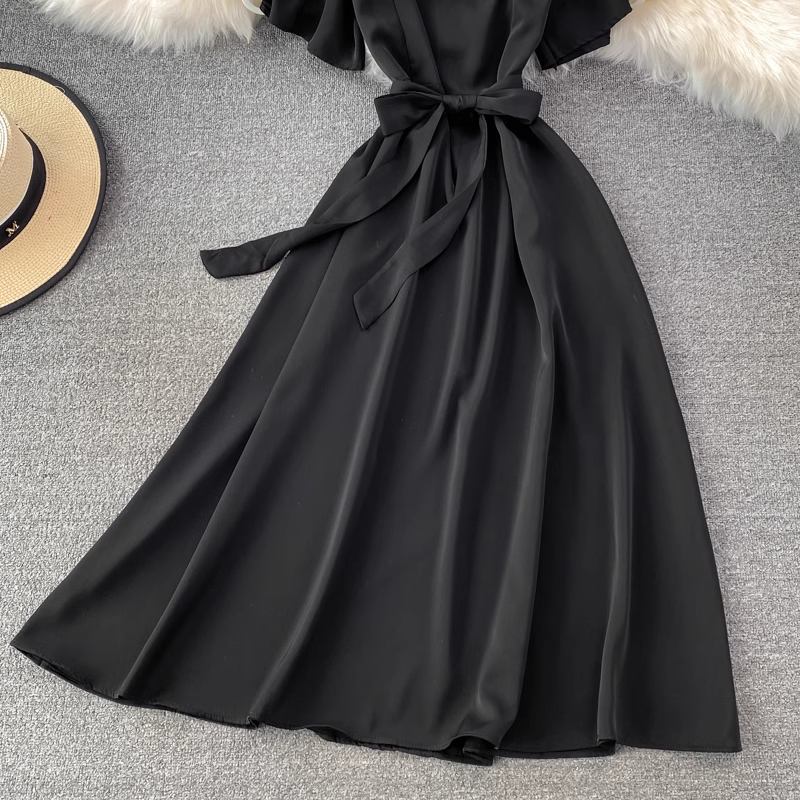 chic retro solid color ruffled mid-length square neck dress