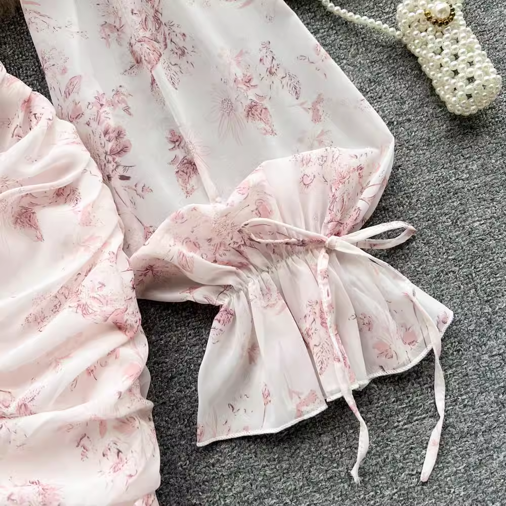 Pink Floral Fairy Dress Summer New Chiffon V-neck Wrap Dress