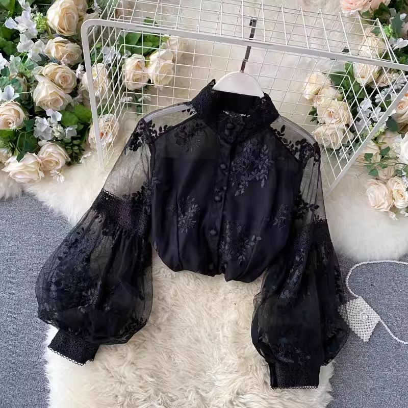 Mesh lace top Women's stand-up collar three-dimensional embroidery puff sleeve court style Lace blouses