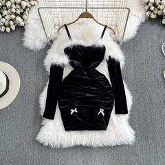 Fashionable Christmas Furry Patchwork Bodycon Dress with Sleeves