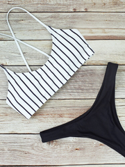 New Striped Print Bandage Lace Up Bikini