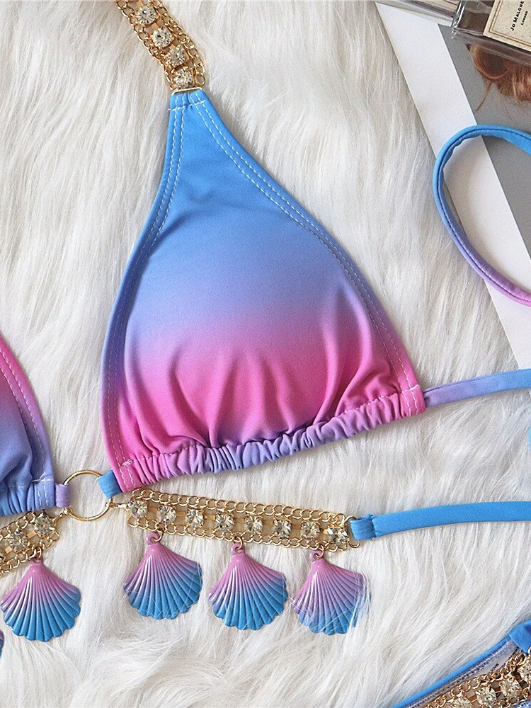 Strappy Crystal Diamond Shell Bikini Swimwear