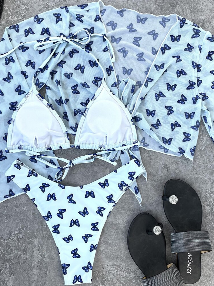 Dreiteiliges Bikini-Set mit langen Ärmeln und Schmetterlings-Print