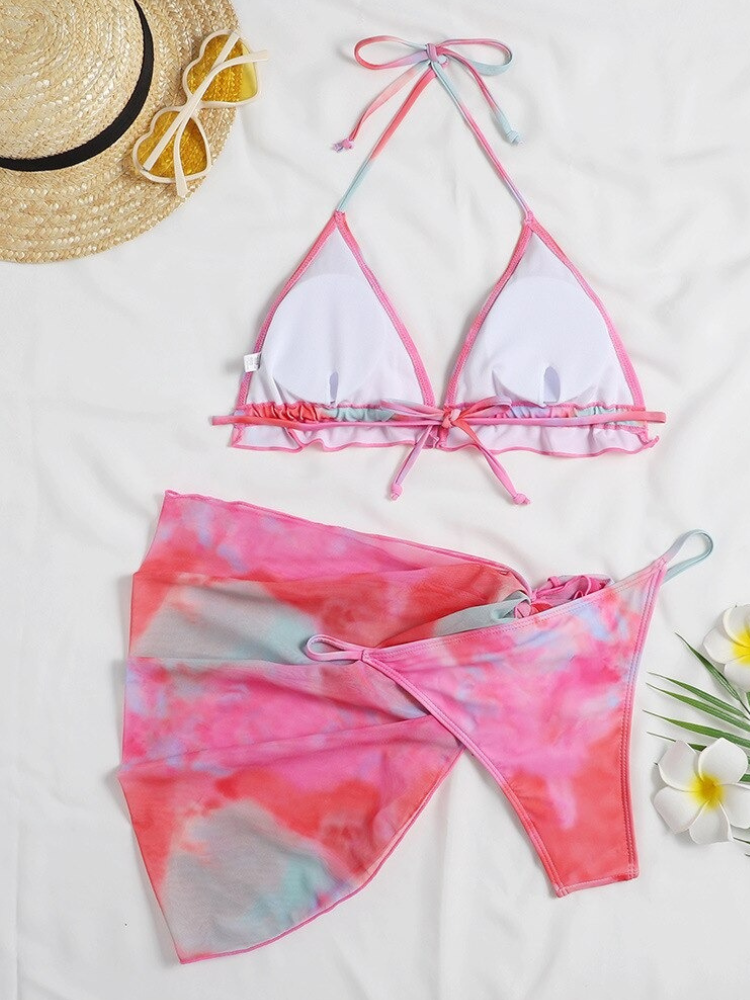 Three Pieces Tie-Dye Print Bikini Set With Sarong