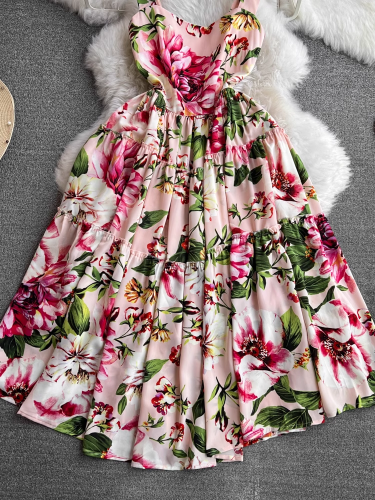 Retro summer sleeveless backless printed a-line dress