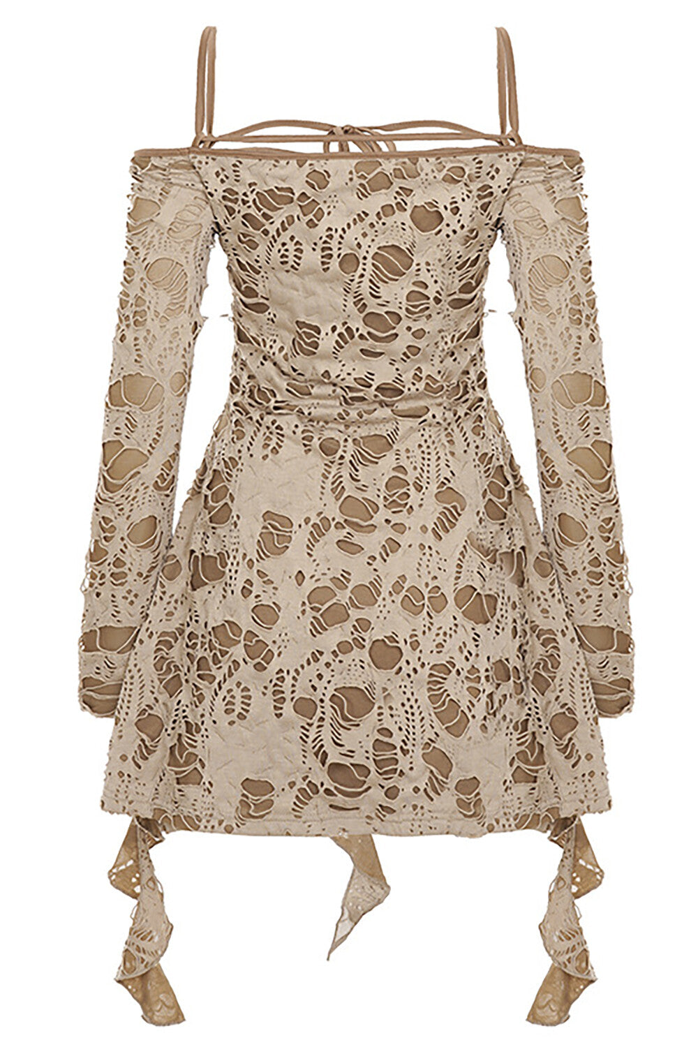 Off Shoulder Long Sleeve Ruffled Ripped Mini Dresses - Khaki
