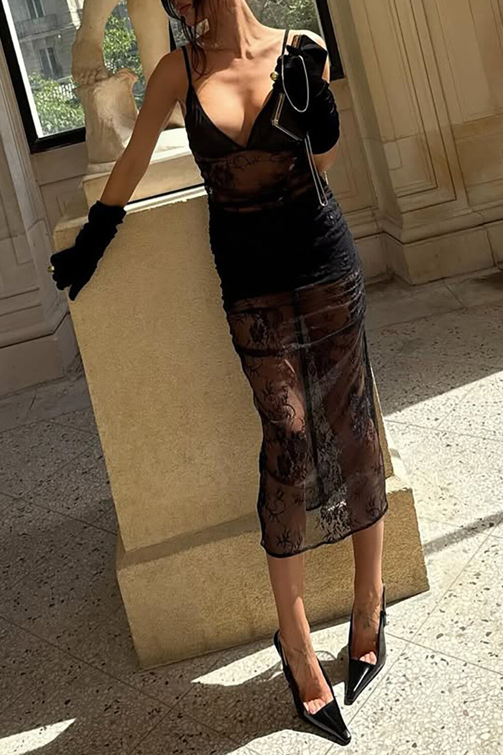 Lace Patchwork Deep V Neck See Through Slip Midi Dresses - Black Pre Order