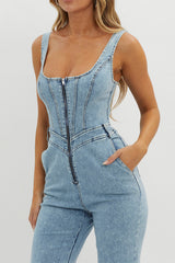Square Neck Corset Front Zip Flared Leg Denim Strappy Jumpsuit - Blue