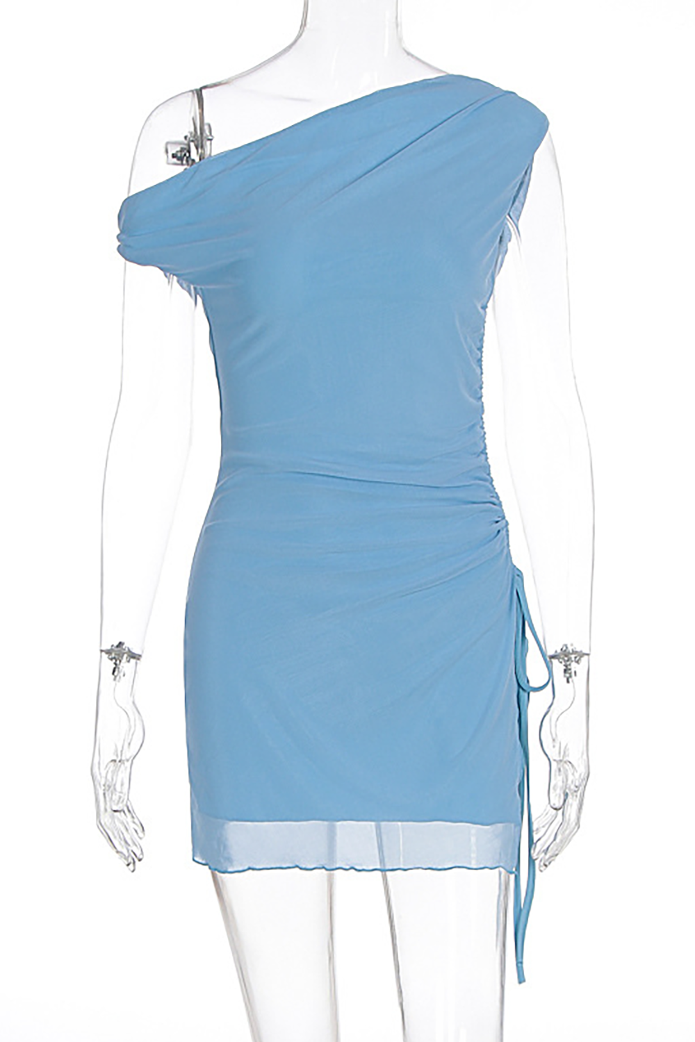 Skew Neck Sleeveless Drawstring Ruched Solid Color Mini Dresses - Blue