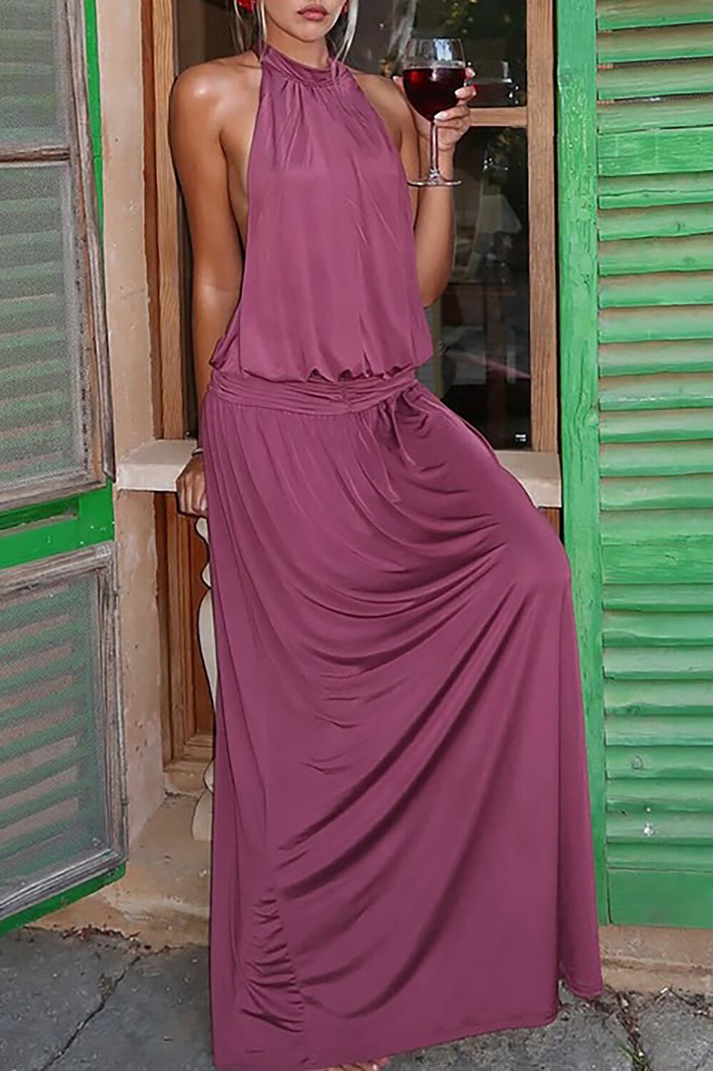 Solid Color Cinch Waist Halter Maxi Dresses - Purple