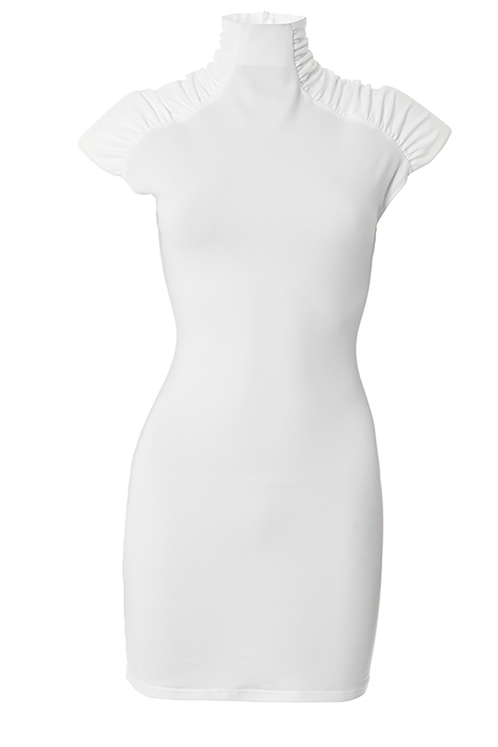 High Neck Ruched Short Sleeve Bodycon Solid Color Mini Dresses - White