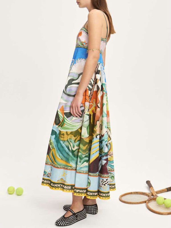 Printed suspender sunflower skirt holiday style dress