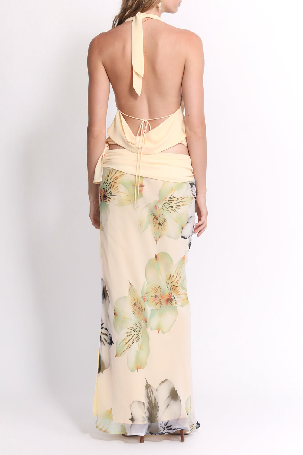 Cowl Neck Crop Top Floral Print Slit Maxi Skirt 2pcs Set - Yellow