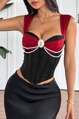 Beaded Chain Decor Wide Straps Colorblock Bodice - Red