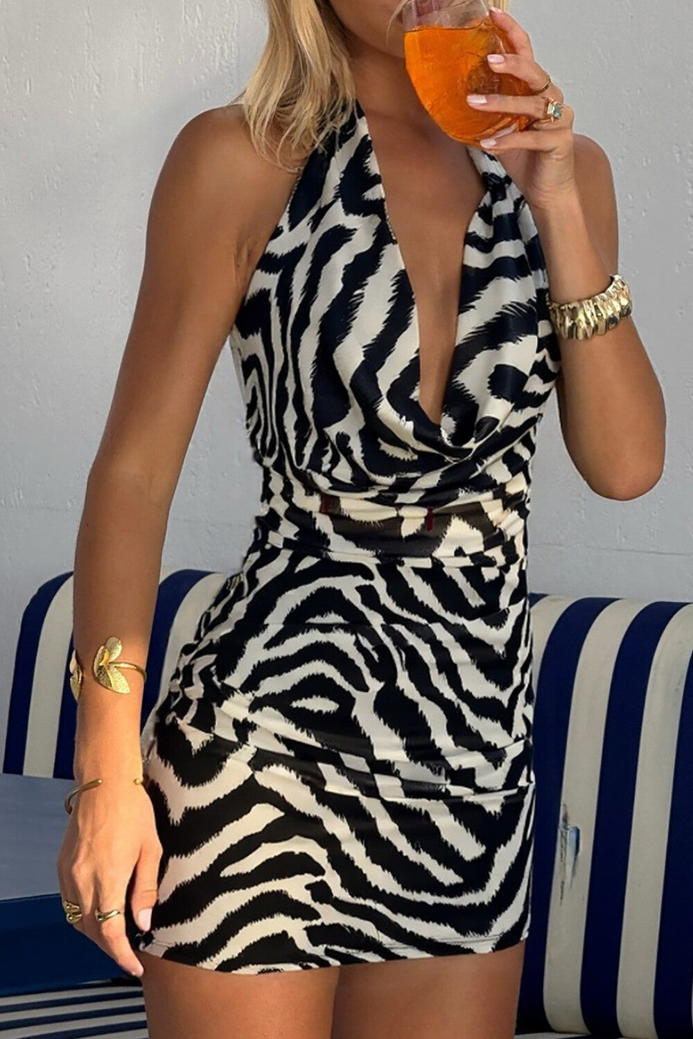 Zebra Print Cowl Neckline Bodycon Halter Mini Dresses - Black