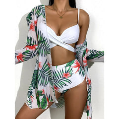 Tropical Three Pieces Printed Cover Up Bikini Set For Women