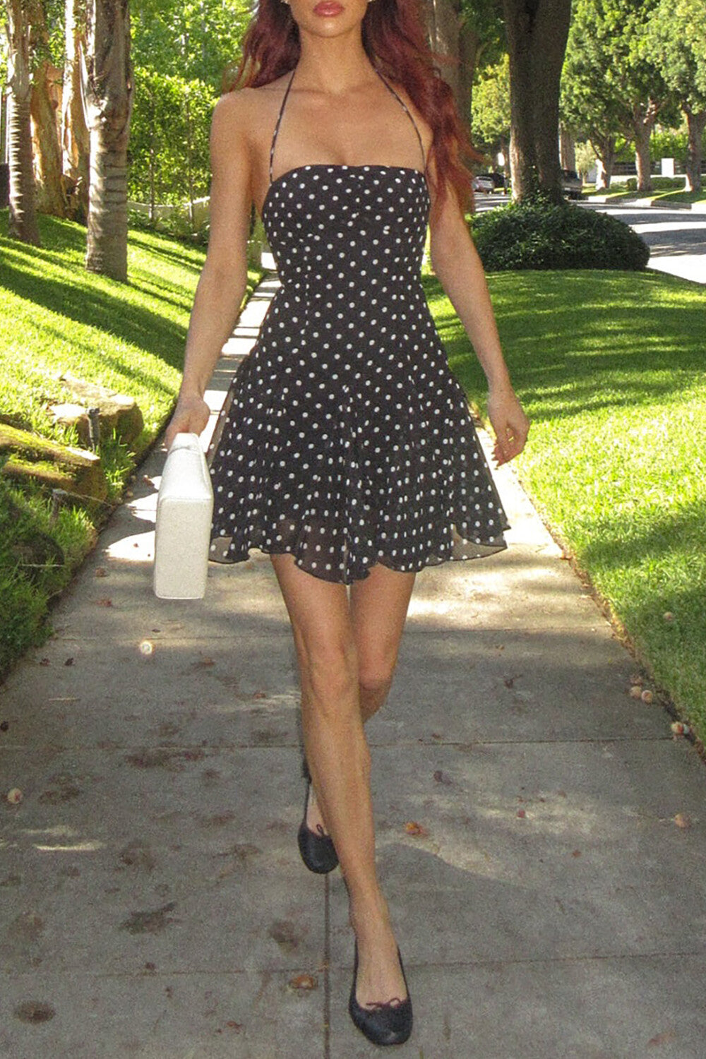 Polka Dot Print Cinch Waist Halter Mini Dresses - Black Pre Order