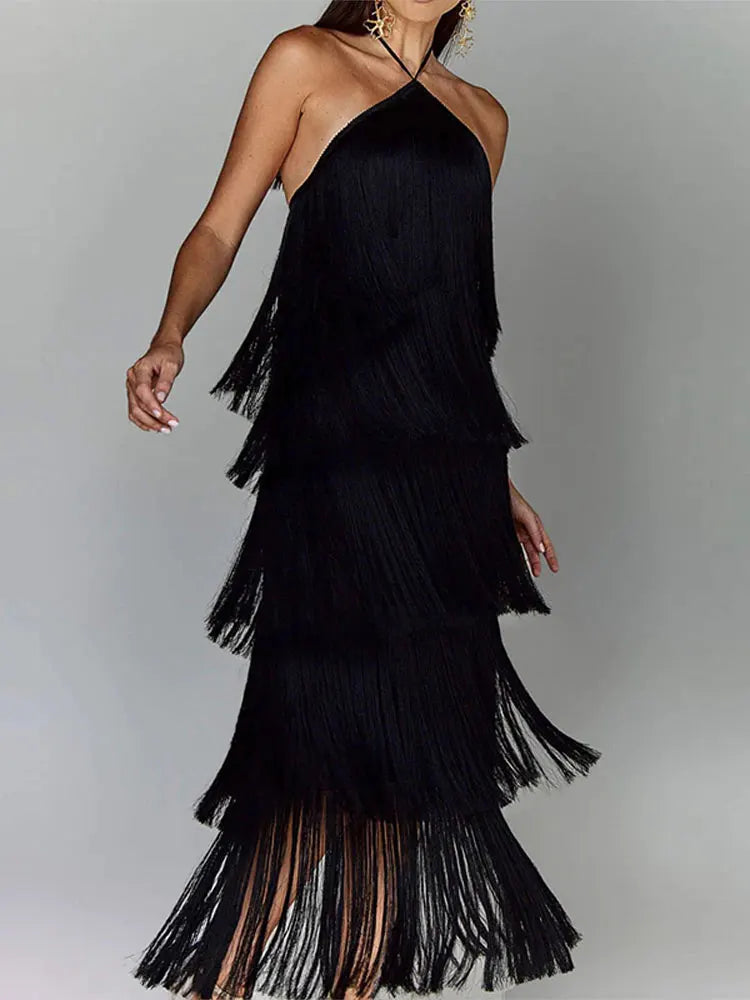 Metallic Color Tassel Halter Long Dress Female Chic Sleeveless Backless Lace Up Slim Vestdios Lady Sexy High Street Robe