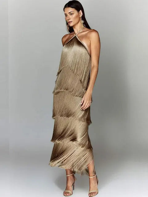 Metallic Color Tassel Halter Long Dress Female Chic Sleeveless Backless Lace Up Slim Vestdios Lady Sexy High Street Robe
