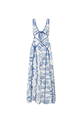 Shoreline Print Cutout Deep V Neck Backless Tie Up Maxi Tank Dresses - Blue