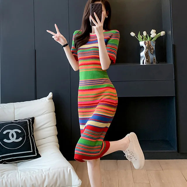 Vintage Striped Knee-Length Slim Knitted Dress Women Korean O-neck Bodycon Sweater Dresses Elegant Vestidos Mujer P704