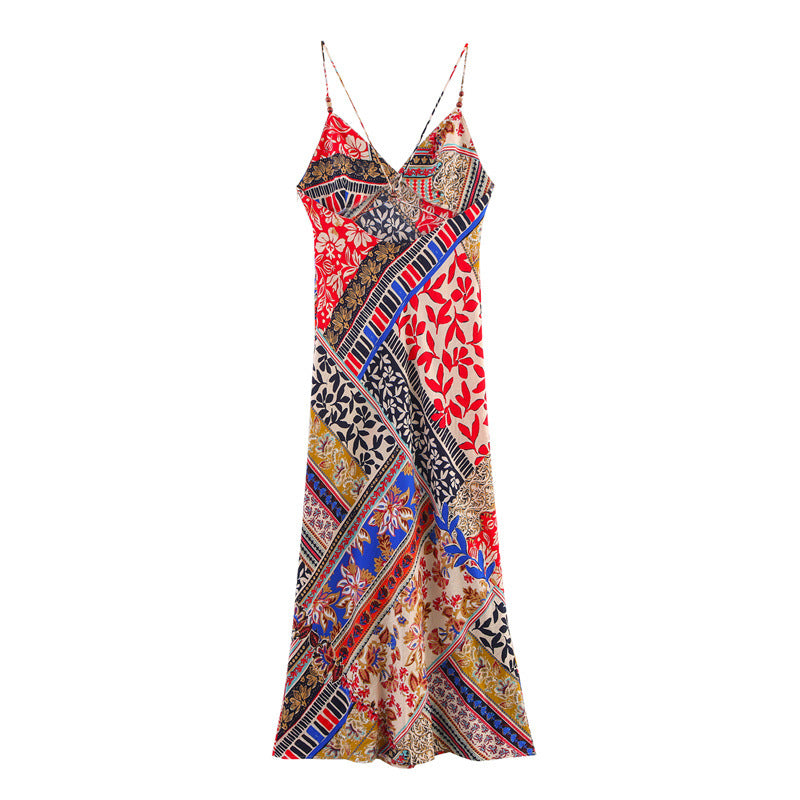 European and American style patchwork printed pullover sleeveless suspender MIDI dress