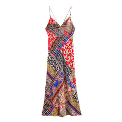 European and American style patchwork printed pullover sleeveless suspender MIDI dress