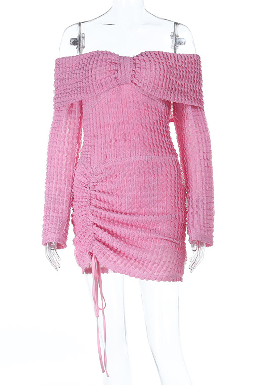 Textured Jacquard Solid Color Off Shoulder Long Sleeve Fitted Mini Dresses - Pink