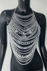 Dangle Chains Cutout Halter Neck Backless Party Crop Top - Silver