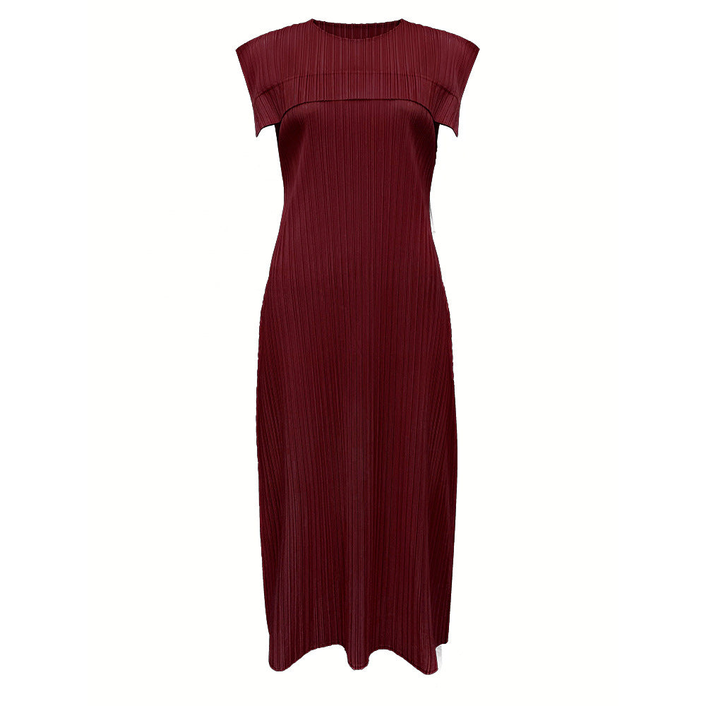 Ladies simple loose sleeveless pleated waistcoat round neck mid-length dress