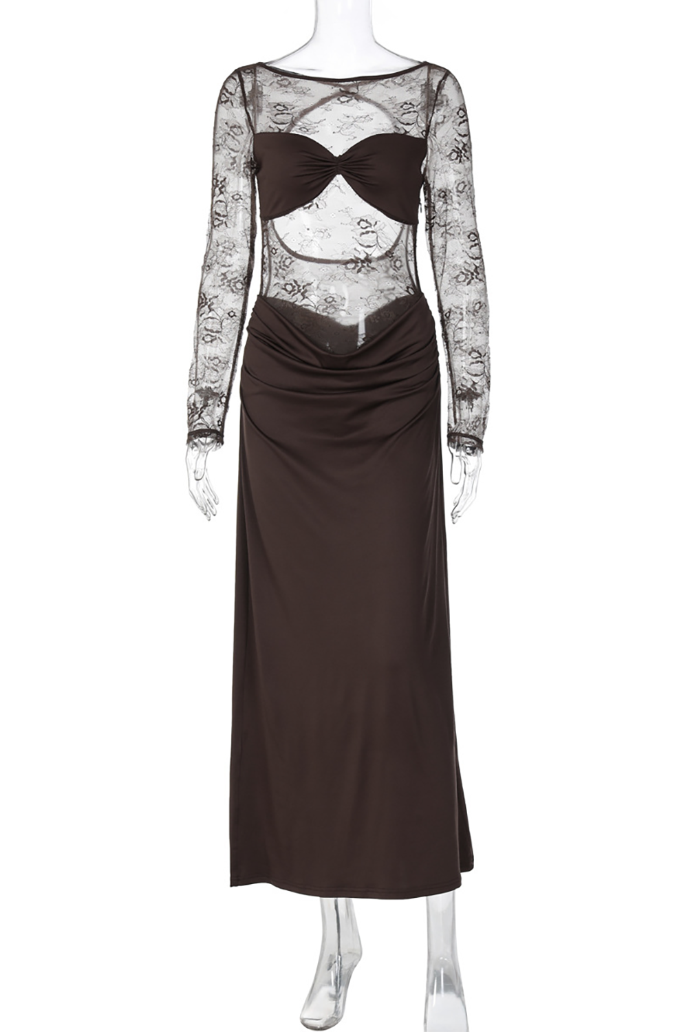 Floral Lace Patchwork Long Sleeve Ruched Slim Fit Maxi Dresses - Brown