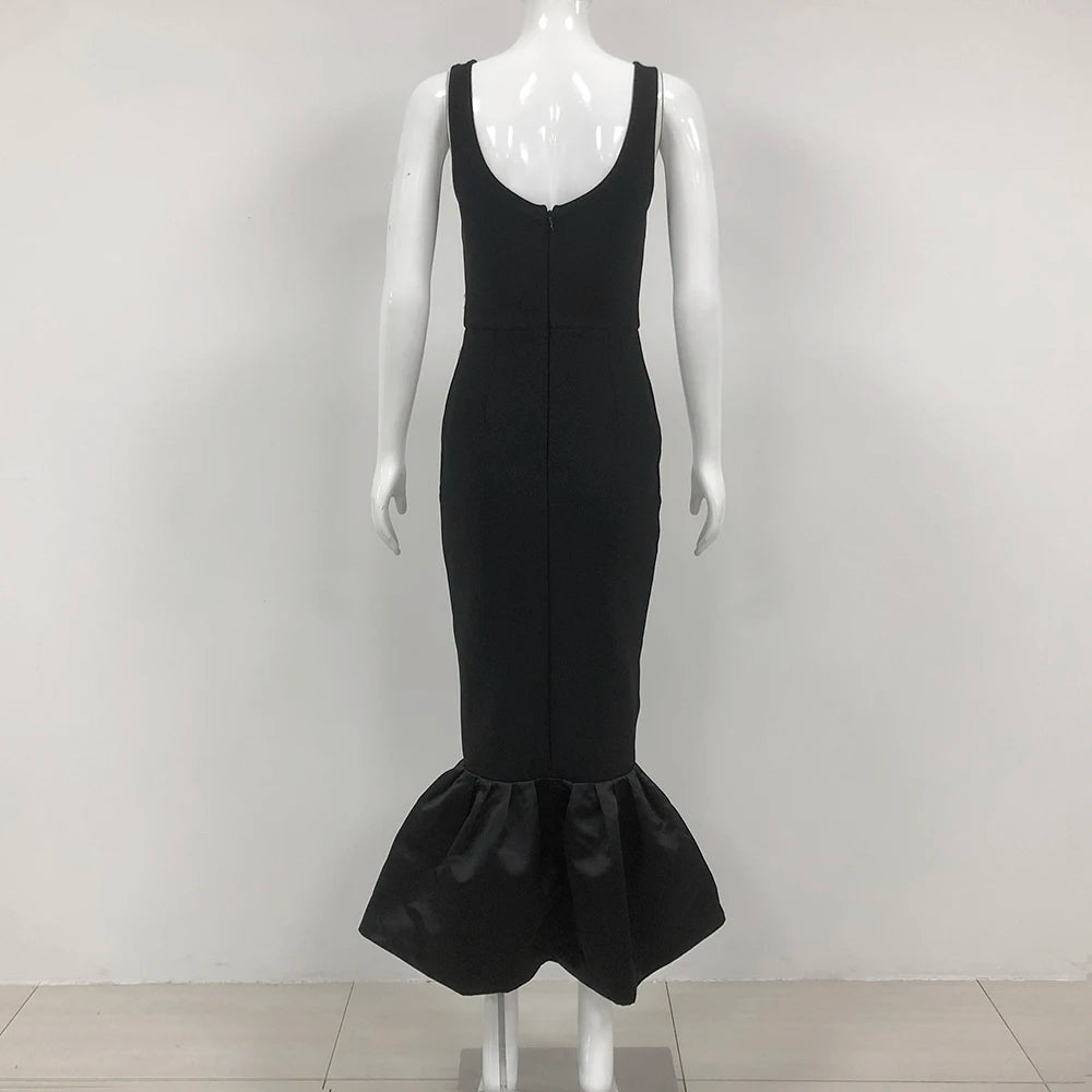 Black Color Women Sleeveless Sexy O-Neck Pearl Beading Bodycon Bandage Gown Dress Celebrate Evening Party Outfit Vestido