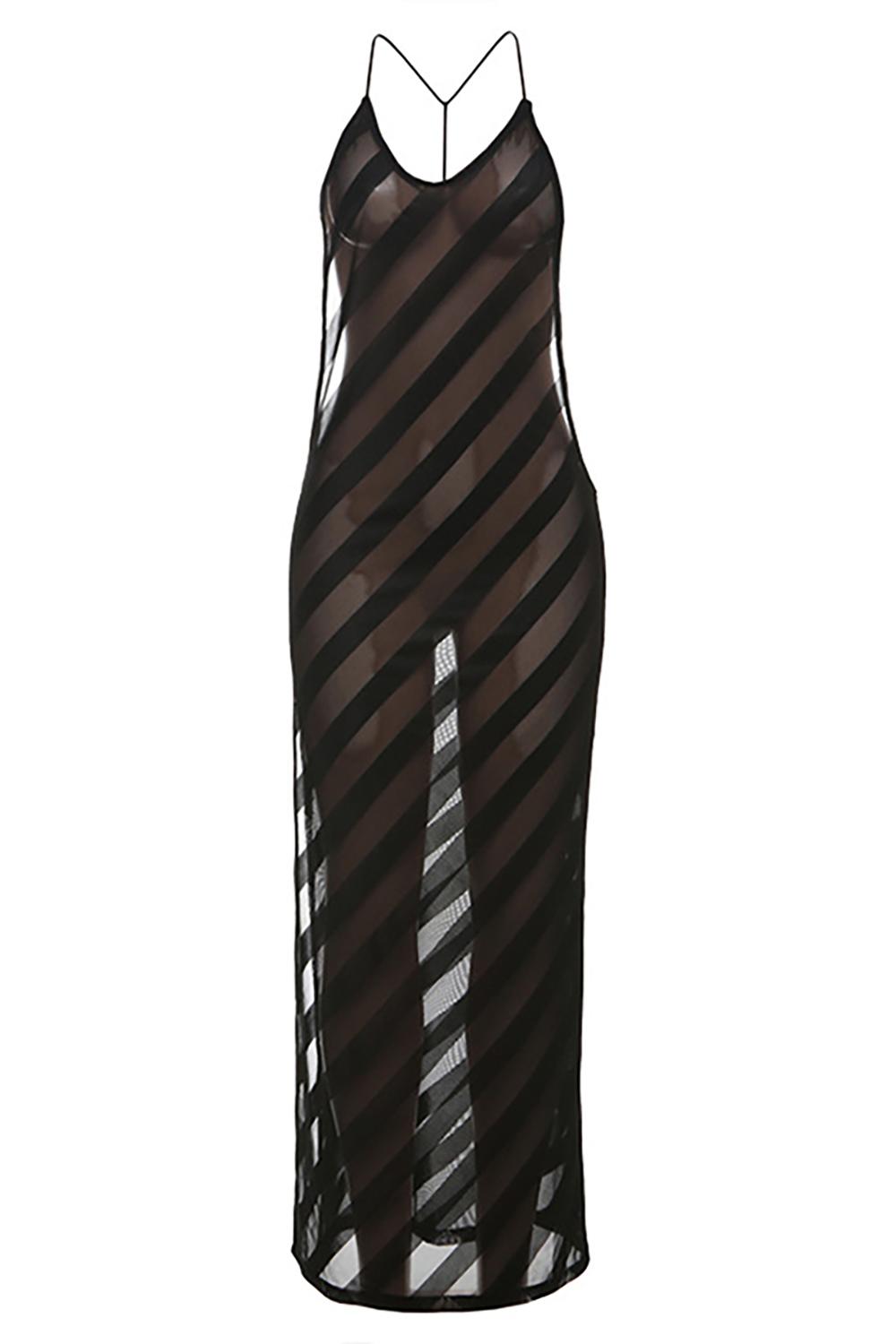 Open Back Side Slit Striped See Through Sleeveless Slip Maxi Dresses - Black