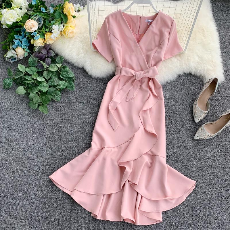 chic v neckline high low spring summer dress