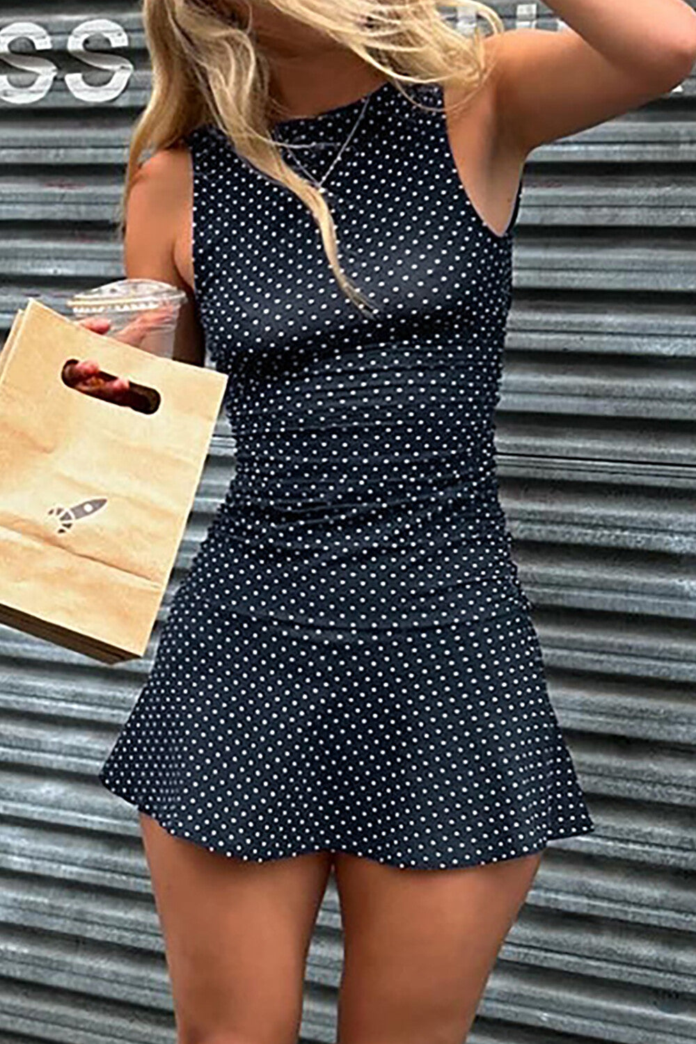 Polka Dot Print Cinch Waist Mini Tank Dresses - Navy