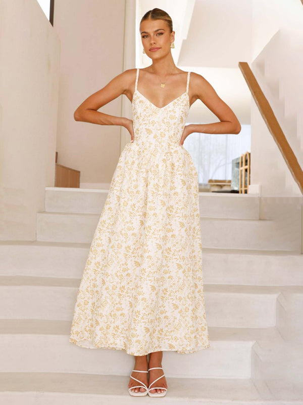 V-neck waist holiday long dress sexy backless bow tie dress